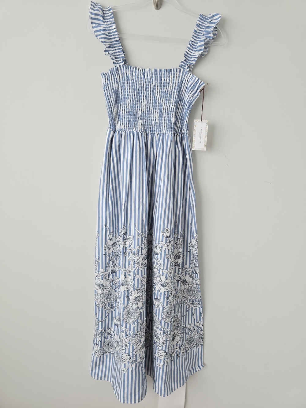 Laura Ashley Smoked Striped Midi Dress S Ruffle Sleeves Blue NWT - Picture 2 of 8